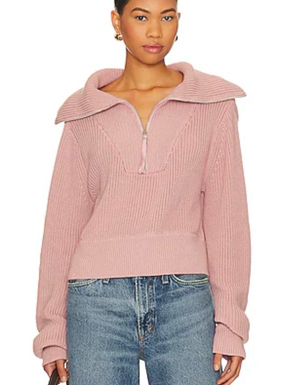 Varley Mentone Knit In Light Mauve, Ribbed Half-Zip Sweater, 100% Cotton, Small